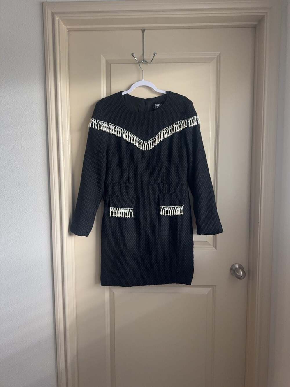The Moon Black Textured Pearl Fringe Detail Dress Size L